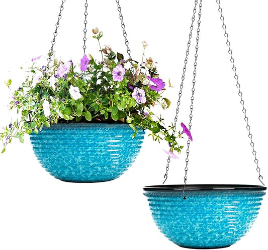 10 Inch Hanging Planter, 2 Pack Hanging Planters for Indoor Outdoor Plants Self Watering Hanging Pots with Drainage Holes for Garden Home (Snowflake Blue)
