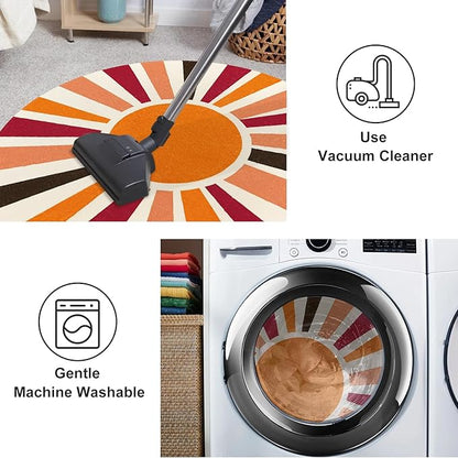 Round Washable Rug 4 Ft Small Round Rug for Kids Room, Orange Sun Circle Rug for Playroom, Non-Slip Circular Office Carpet Soft Rainbow Rug for Bedroom Reading Corner Dorm