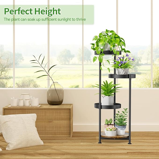 Plant Stand Indoor Outdoor Clearance, 4 Tier Metal Tall Flower Shelf Holder, Multiple Plant Round Corner Rack Organizer Display for Patio Orchid Office Porch Living Room Garden Balcony, Black