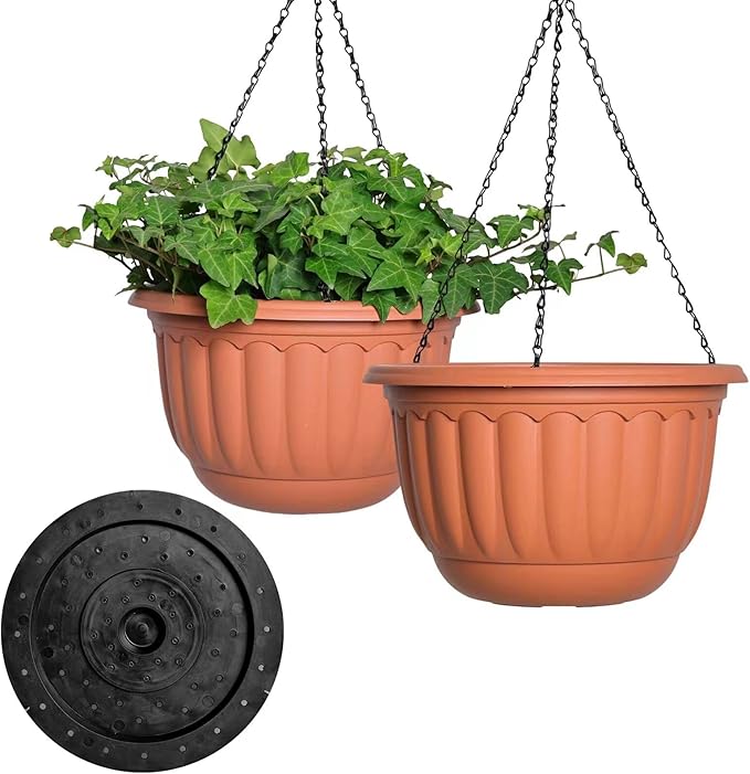 YIKUSH Hanging Planter for Indoor and Outdoor Plants 2 Pack 12 inch Flower Pot Plastic Plant Pot with Drainage Hole and Absorbing Tray（Terracotta）