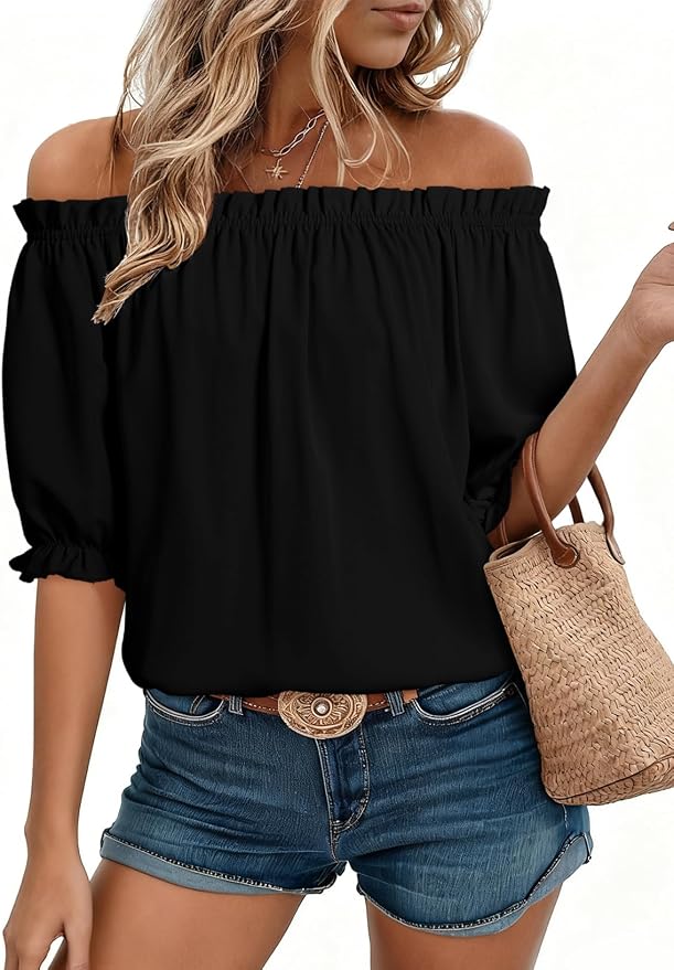 EVALESS Womens Tops Off The Shoulder Blouses for Women Dressy Casual Cute Puff Sleeve T Shirts Fashion 2026
