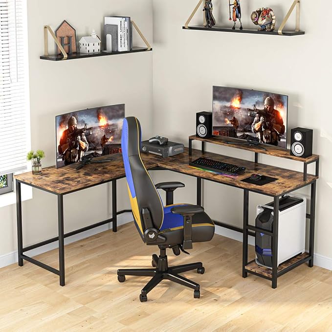 L-Shaped Computer Desk with Monitor Stand and Storage Shelves, Large Corner Desks for Home Office