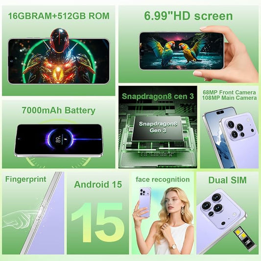 17 PMAX Unlocked Cell Phone,16GB+512GB Smartphone,6.99" HD Screen Android 15 5G Phones,Battery 7000mAh Android The Phone,Fingerprint Button Unlock/GPS/Face ID/Dual SIM/5G (Purple)