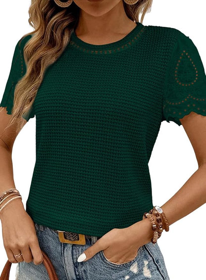 SHEWIN Womens Frenchy Summer Tops Crewneck Short Sleeve T Shirts Casual Waffle Knit Jacquard Blouses Top Shirts