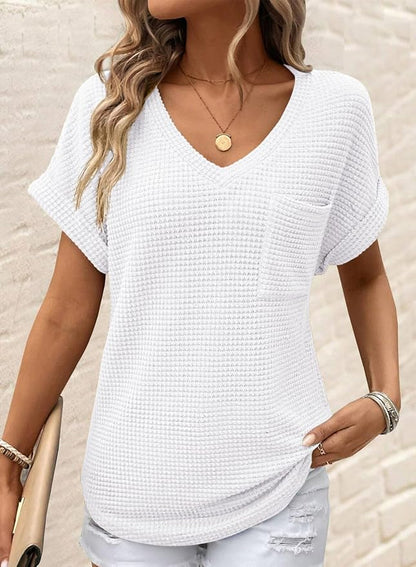 Dokotoo Womens Waffle Knit Tops 2026 Spring Summer V Neck Shirts Casual Trendy Women's Blouses Basic Tee