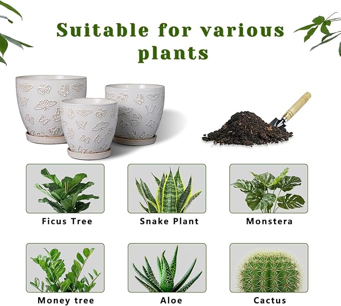 Ceramic Planter 8 Inch - White Plant Pot with Drainage Hole and Saucer Modern Flower Pot for Indoor Outdoor Plants