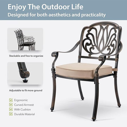 7-Piece Cast Aluminum Patio Furniture, Outdoor Dining Sets for 6 Include 54" Round Patio Dining Table and 6 Stackable Chairs with Cushions & Umbrella Hole (Bronze)