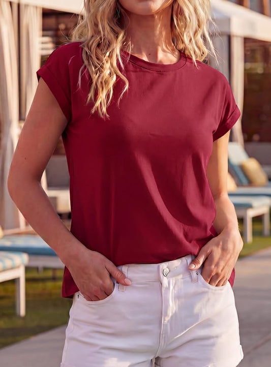 GRECERELLE Womens Summer Tops Cap Sleeve Crew Neck Basic T-Shirt | Everyday Casual Wear, Layering Friendly, Wrinkle-Resistant, Business Casual Ready, Lightweight & Packable, Capsule Wardrobe