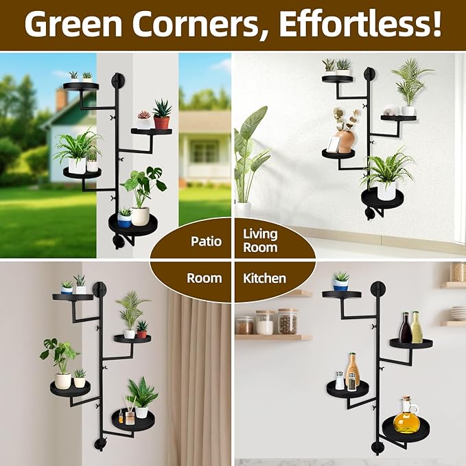 Rotating Window Plant Shelves with Adjustable Knobs, 4 Tiers Metal Wall Shelf for Plants Indoor, Sturdy Hanging Plant Holder, Window Wall Decor & Gardening Gifts (Black)