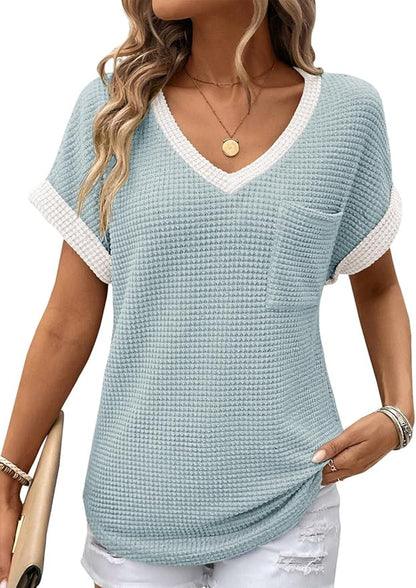 Dokotoo Womens Waffle Knit Tops 2026 Spring Summer V Neck Shirts Casual Trendy Women's Blouses Basic Tee