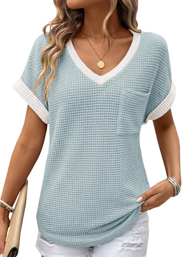 Dokotoo Womens Waffle Knit Tops 2026 Spring Summer V Neck Shirts Casual Trendy Women's Blouses Basic Tee
