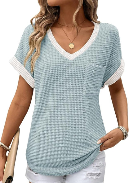 Dokotoo Womens Waffle Knit Tops 2026 Spring Summer V Neck Shirts Casual Trendy Women's Blouses Basic Tee