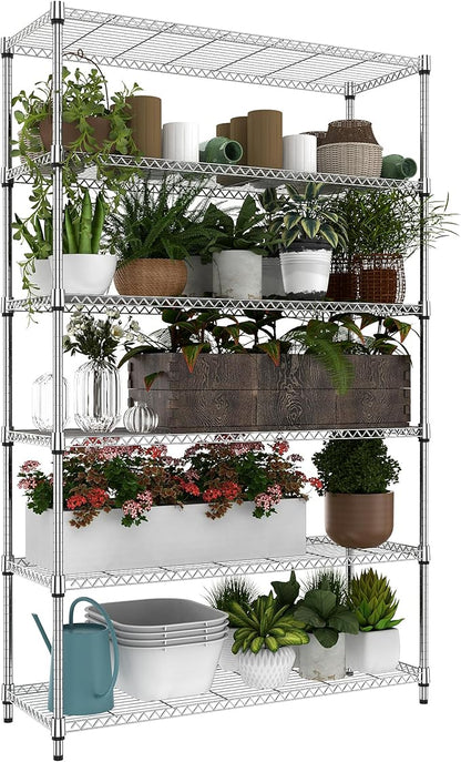 6 Tiers Storage Shelves Load 2100LBS, Metal Shelving Wire Metal Shelving Unit Shelves for Storage Adjustable Garage Shelving for Pantry Kitchen Garage Chrome 17.7" D x 47.3" W x 82.4" H