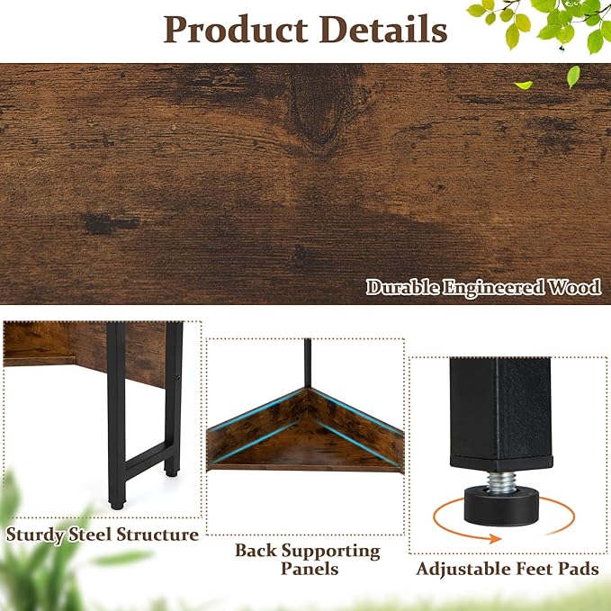 Corner Desk with Charging Station & USB Port, 90-degree Triangle Computer Workstation w/Storage Shelf, Metal Frame, Space-saving Laptop PC Desk for Small Space, Home Office (Rustic Brown)