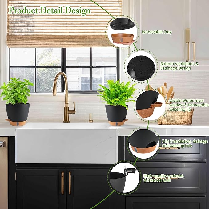 Self Watering Pots for Inoor Ourdoor Plants 8/7/6.5/6/5 Inch Plastic Planters with Drainage Holes & Water Level Indicator, Decorative House Flower Nursery Planting Pots with Saucers (Black)