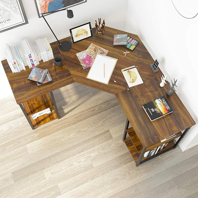 Elephance L-Shaped Desk with Shelves, Computer Corner Desk, Home Office Writing Workstation, Gaming Desk PC Laptop Table with Storage
