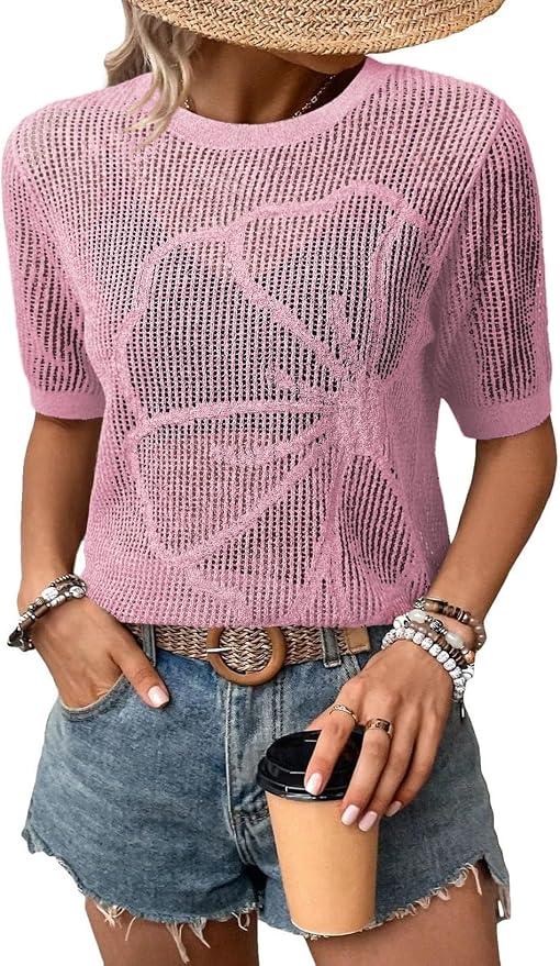 Dokotoo Womens Summer Short Sleeve Crochet Tops Hollow Out Floral Sweaters Beach Vacation Cruise Outfits