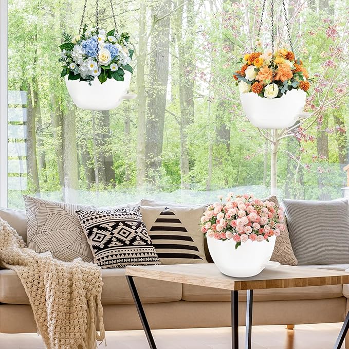 10 inch Hanging Planters for Indoor Plants, 3 Pack Self-Watering Hanging Planter Pots with Chain and Drainage Holes, Outdoor Plastic Hanging Baskets for Garden Home Decor (White, 3pcs/10inch)