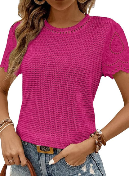 SHEWIN Womens Frenchy Summer Tops Crewneck Short Sleeve T Shirts Casual Waffle Knit Jacquard Blouses Top Shirts