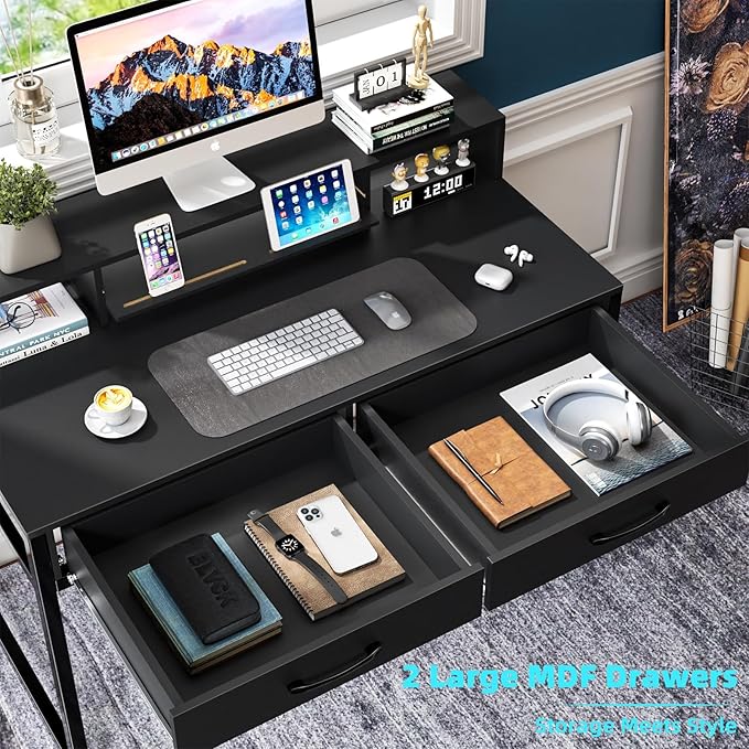 Computer Desk with Drawers, 47" Home Office Desk with Monitor Shelf, Writing Desk with Storage, Gaming Desk Work Desk Study Desk for Bedroom, Black