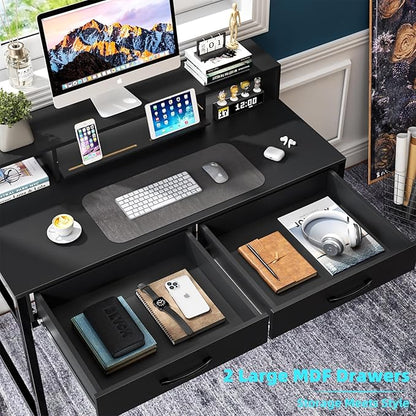 Computer Desk with Drawers, 47" Home Office Desk with Monitor Shelf, Writing Desk with Storage, Gaming Desk Work Desk Study Desk for Bedroom, Black