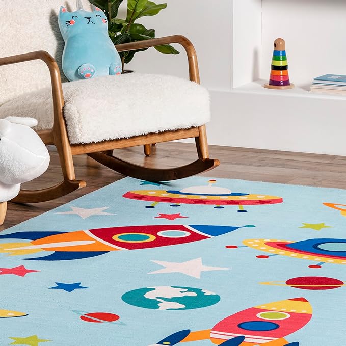 nuLOOM Eddie Outer Space Machine Washable Kids Ultra Thin Area Rug, 7' x 9', Light Blue Multi