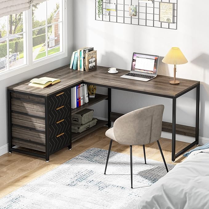 59-Inch L Shaped Desk with Drawers, Large Computer Desk with Storage Shelves, Reversible L-Shaped Corner Desk Workstation for Home Office