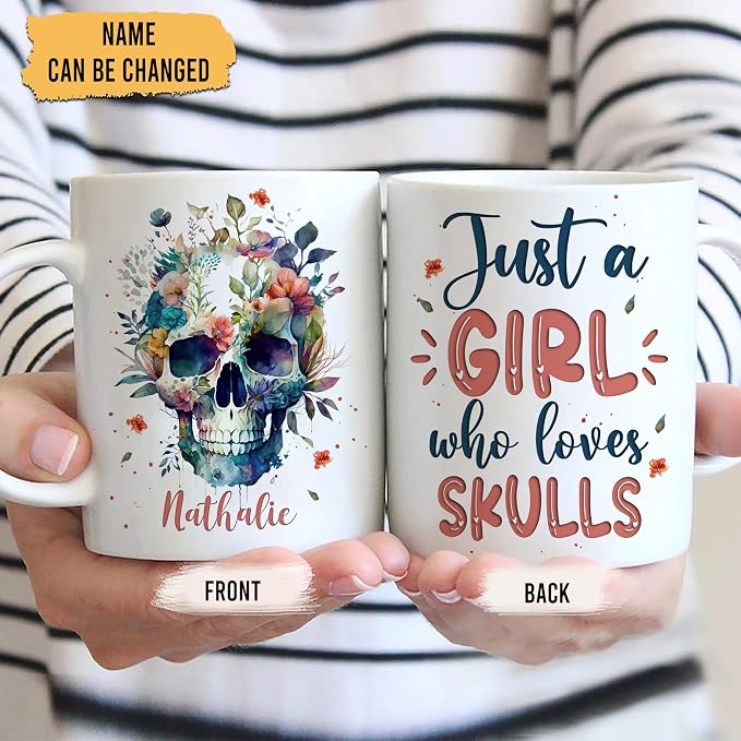 Hyturtle Personalized Gifts Skull Lover - Just A Girl Who Loves Skulls Custom Name Ceramic Coffee Mug Cup 11oz - Idea Skull Lovers Gifts For Women, Girl Daughter On Birthday, Christmas
