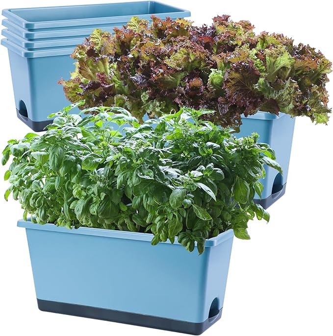 Window Box Planter 6 Pcs, 17 Inches Rectangle Flower Pots with Drainage Holes and Trays, Vegetable Planters for Windowsill Patio Garden Balcony Indoor Outdoor (Blue, 17 * 7.4 * 7.8 inch)