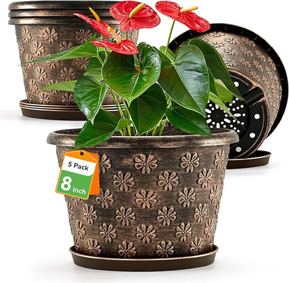 8 Inch Planter Pots for Plants, Plastic Flower Pots Indoor Outdoor, 5 Pack Resin Plant Pot with Drainage & Saucer, Retro Decorative Garden Pot with Removable Trays for House