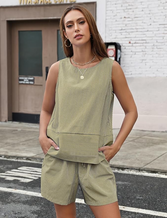 LOMON Women's Trendy 2 Piece Outfits Shorts Sets Summer Crew Neck Sleeveless Tank Top and Bottom Matching with Pockets 2026