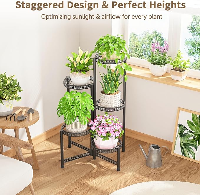 LASZOLA 5 Tiered Folding Tall Plant Stand Indoor Outdoor for Large Planter, Heavy Duty Metal Adjustable Multiple Flower Rack for Corner, Wrought Iron High Spiral Holder for Modern House Patio, Black