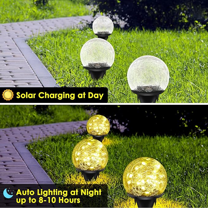 2 Pack 60 LED Solar Garden Lights Outdoor Decoration, Cracked Glass Solar Globe Lights, Upgraded Waterproof Warm White Ball Lights for Yard Pathway Patio Halloween Christmas Outside Decor