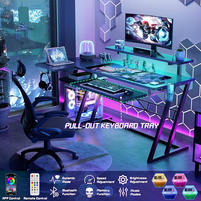Gaming Desk with Shelves and Outlets, L Shaped Gaming Desk with LED Lights, Reversible L Shaped Computer Desk for Gamer, Carbon Fiber Black, 47"