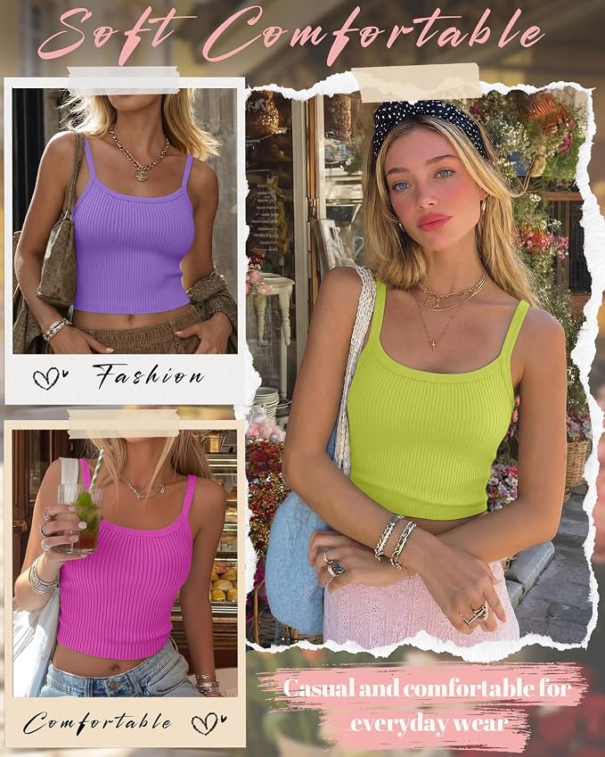 Ficerd 3 Pack Women's Tank Tops 95% Cotton Spaghetti Strap Ribbed Crop Camisole Slim Fitted Basic Summer Sleeveless Layer