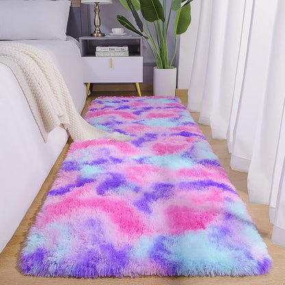 AROGAN Soft Rainbow Area Rugs for Girls Room 2x6 Feet, Fluffy Girls Bedroom Rugs, Princess Rug, Cute Colorful Carpet for Kids Teens Nursery Toddler, Hot Pink