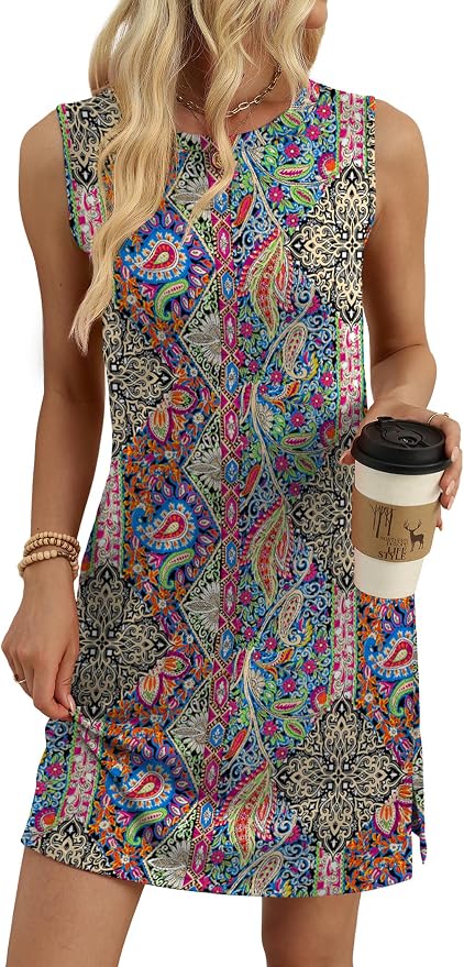 WIHOLL Casual Dresses for Women Crewneck Sleeveless Tank Dress Summer Spring Boho Vacation Clothes
