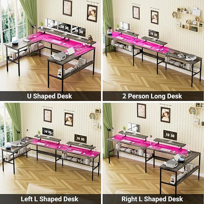 Customizable U Shaped Computer Desk with Adjustable Monitor Stand, Reversible L Shaped Gaming Desk with Power Outlet and Smart LED Light, Sturdy Office Desk with Storage Shelves, Black Oak