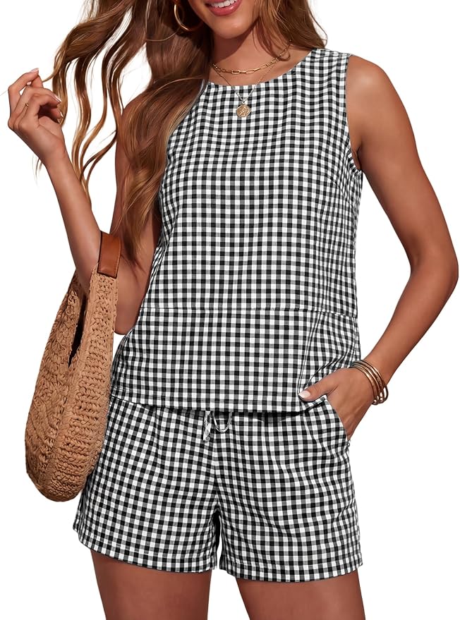 LOMON Women's Trendy 2 Piece Outfits Shorts Sets Summer Crew Neck Sleeveless Tank Top and Bottom Matching with Pockets 2026