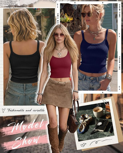 Ficerd 3 Pack Women's Tank Tops 95% Cotton Spaghetti Strap Ribbed Crop Camisole Slim Fitted Basic Summer Sleeveless Layer