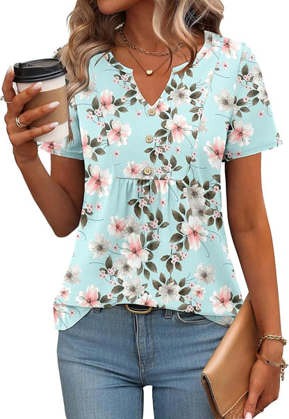 Zeagoo Womens Short Sleeve Tops Summer Henley V-Neck Tshirts Casual Pleated Blouse Dressy Loose Floral Basic Tee