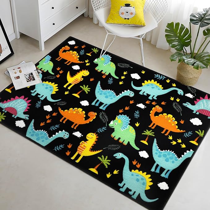 Capslpad Black Dinosaur Kids Play Rug for Boys Bedroom Non Slip Cartoon Kids Area Rug Washable Kids Play Mat for Dinosaur Room Kids Room Nursery Decor,5'2" x 3'3"