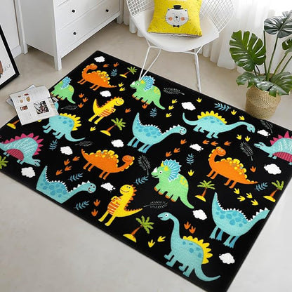 Capslpad Black Dinosaur Kids Play Rug for Boys Bedroom Non Slip Cartoon Kids Area Rug Washable Kids Play Mat for Dinosaur Room Kids Room Nursery Decor,5'2" x 3'3"