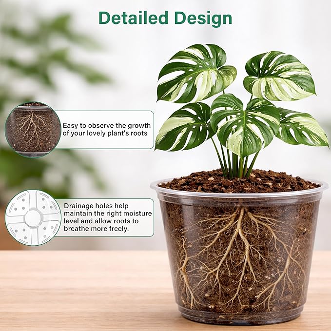 16 Pack 10/8/6/5 Inch Reinforced Large Clear Nursery Pots with Drainage Holes, Transparent Variety Pack Plastic Plant Pot for Vegetable Propagation, Root Cutting, Seed Starting
