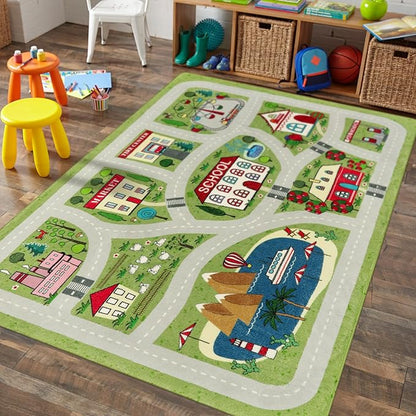 LIVEBOX Green Kids Playroom Rug, 5'x7' Washable Road Rug for Kids Room, Non-Slip Soft Car Rug Play Mat for Baby Nursery, Large City Traffic Rug Classroom for Boys Girls Dorm Toy Room Tent