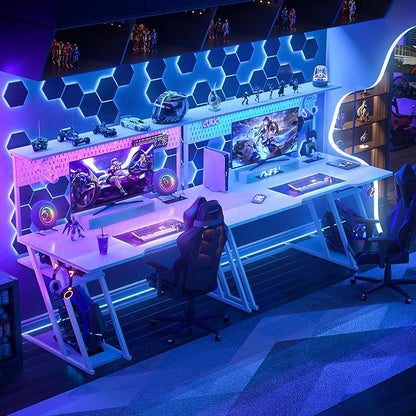 55'' White Gaming Desk with Hutch and LED Lights, Gaming Computer Desk with Storage Shelves & Z-Shaped Legs, Reversible PC Gaming Desk with Pegboard, Ergonomic Desk for Bedroom, Carbon Fiber Surface