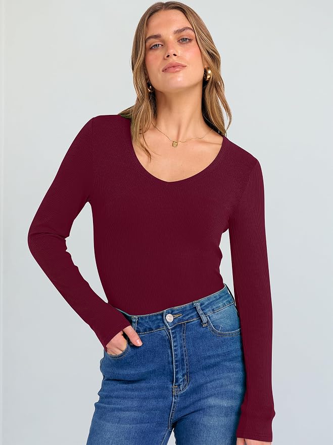 ANRABESS Long Sleeve V Neck Shirts for Women | Soft Comfy Ribbed Knit Fitted Tshirts, Casual Going Out Tops, 2026 Trendy Basic, Fall Winter Underscrub Layering Clothes