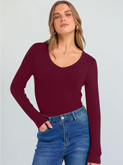 ANRABESS Long Sleeve V Neck Shirts for Women | Soft Comfy Ribbed Knit Fitted Tshirts, Casual Going Out Tops, 2026 Trendy Basic, Fall Winter Underscrub Layering Clothes