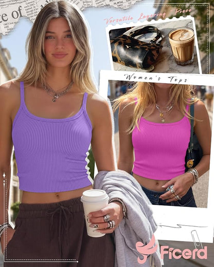 Ficerd 3 Pack Women's Tank Tops 95% Cotton Spaghetti Strap Ribbed Crop Camisole Slim Fitted Basic Summer Sleeveless Layer