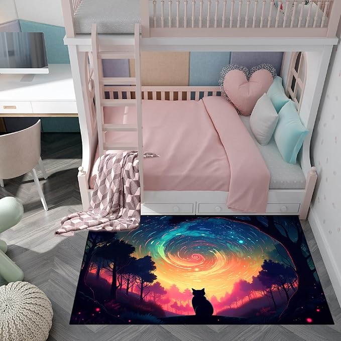 Moon Black Cat Rug - Mystical Stary Night Cat Rug for Kids Bedroom Colorful Black Cat Rug Decor Room Cat Door Mats Outdoor Entrance, 2.5x4 Feet